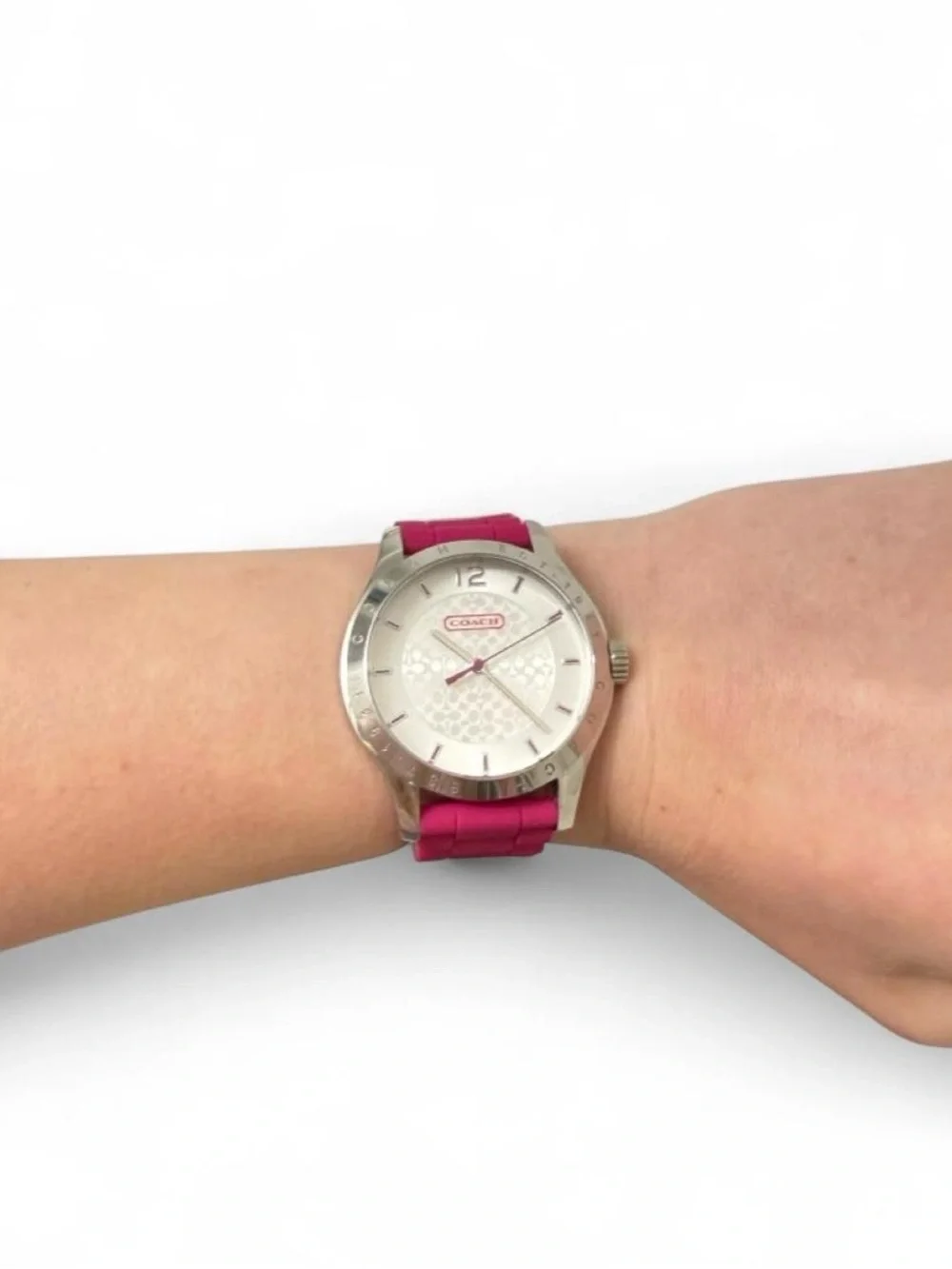 Coach Hot Pink Silicone Strap Watch with Silver-Tone Case